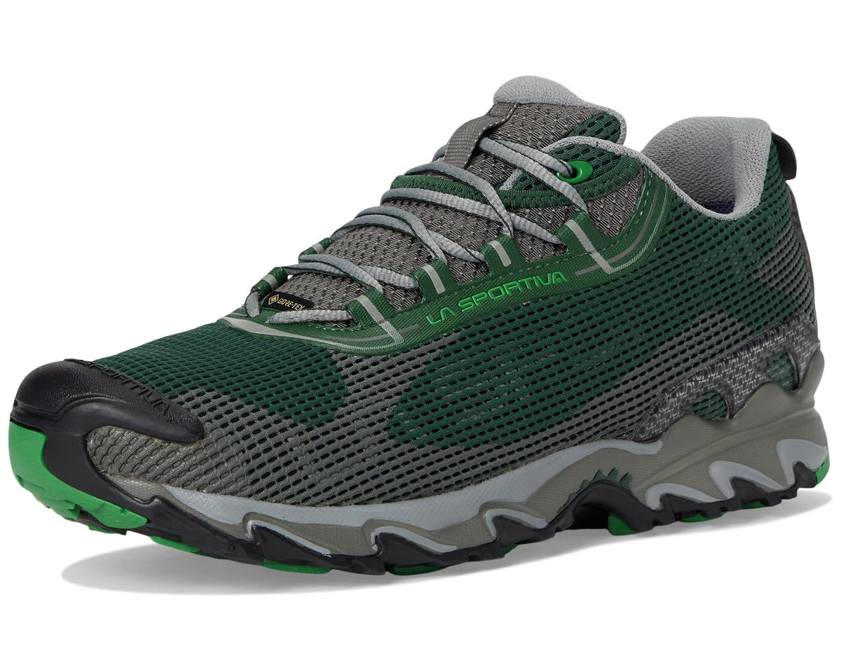 Men's green and gray mesh trail shoe profile with lace-up and sculpted rubber sole