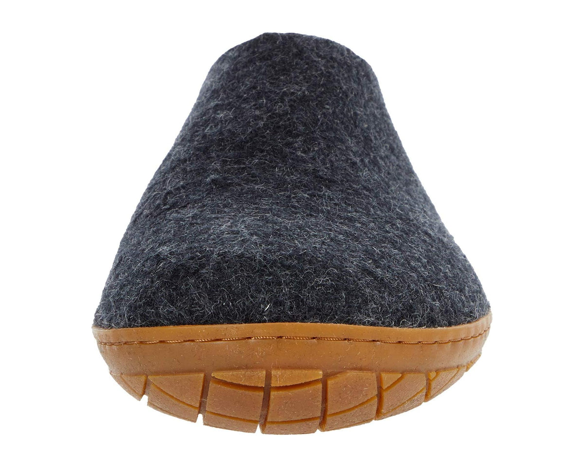 Charcoal wool slip-on clog with honey rubber toe sole and curved front