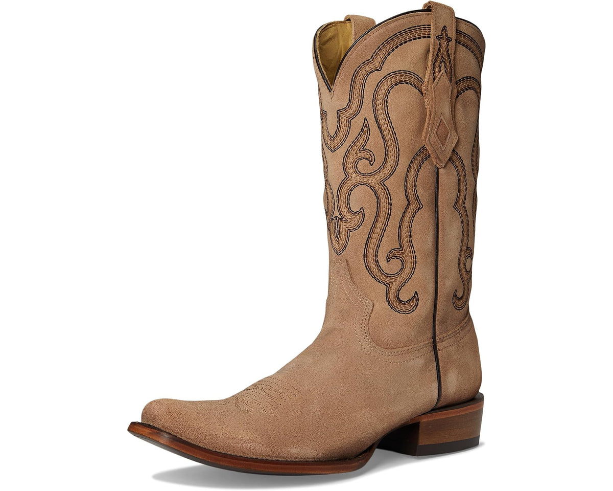 Men's sand suede cowboy boots, front three-quarter view with dark western embroidery
