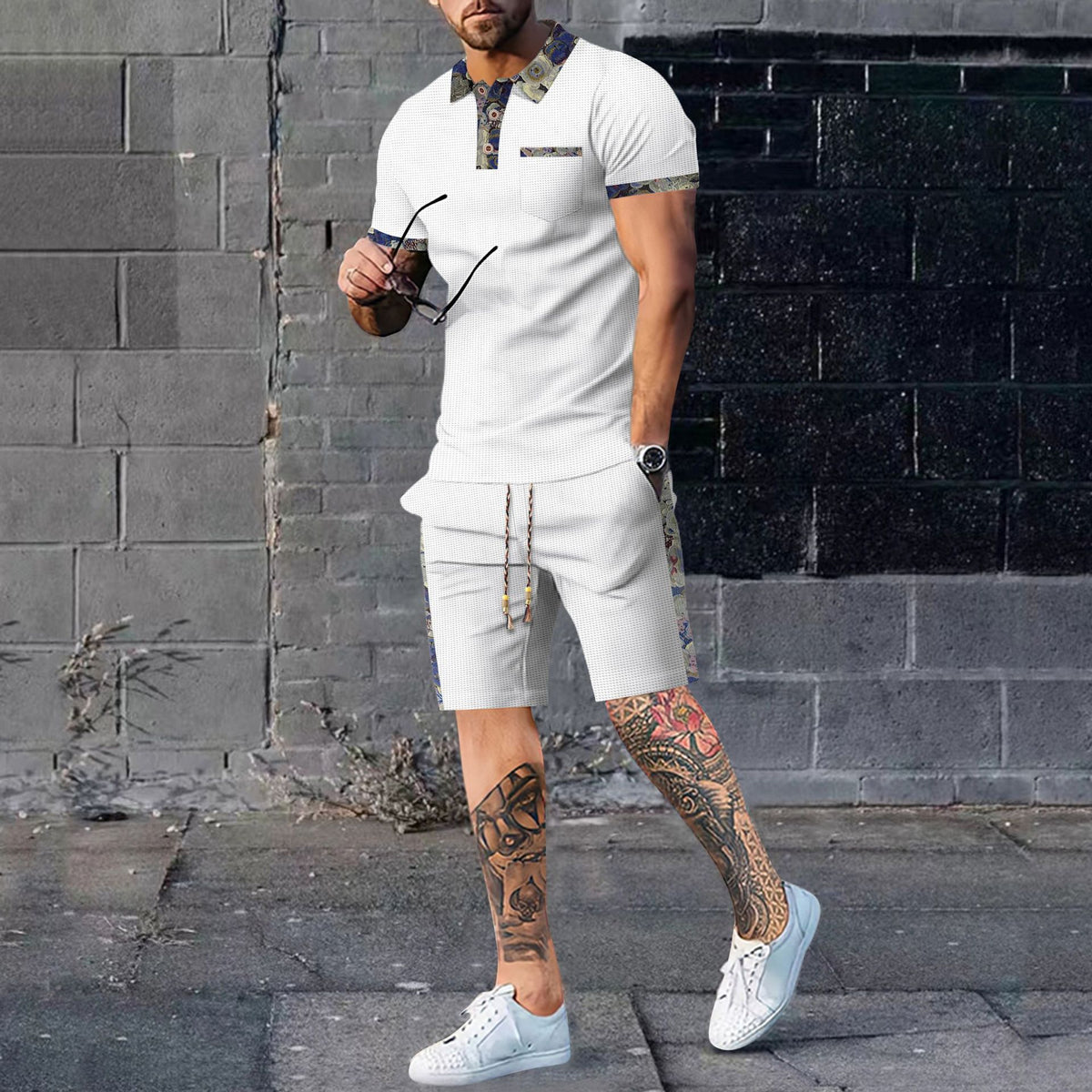 Men's white polo shirt and matching shorts set, short sleeves, button placket, drawstring