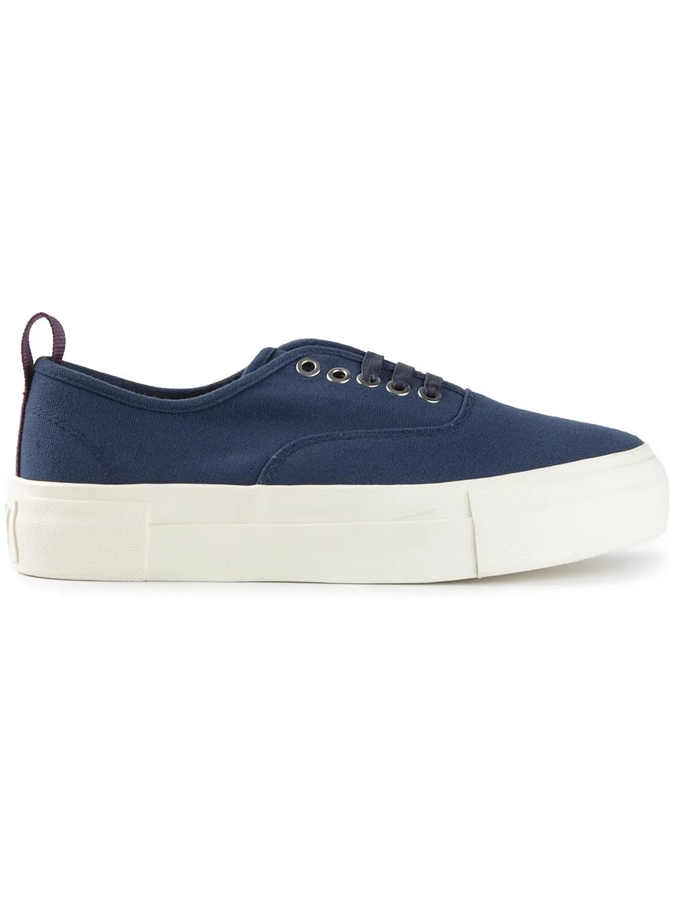 Blue canvas lace-up trainers with white rubber sole, side eyelets and lace-up front