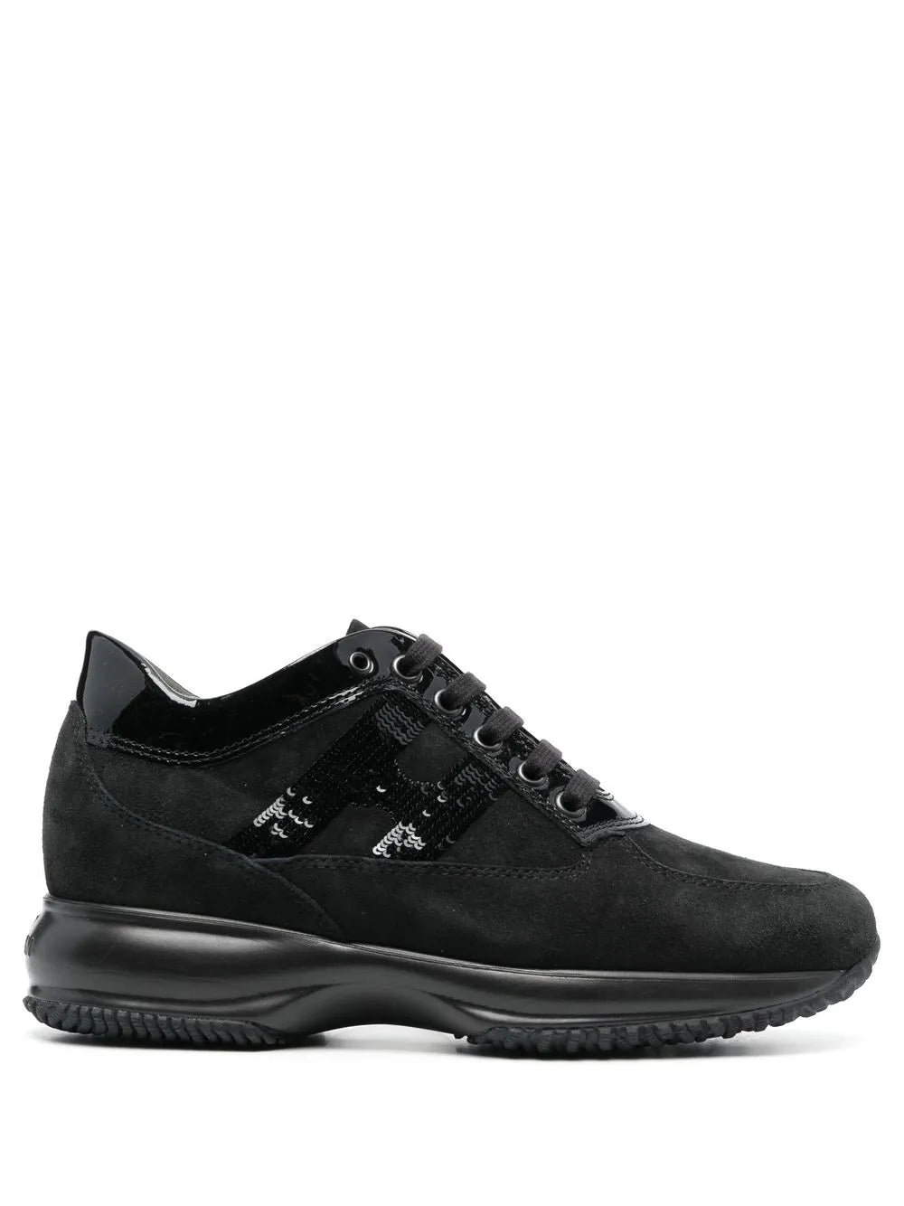 Black lace-up sneaker with textured side panel and chunky rubber sole