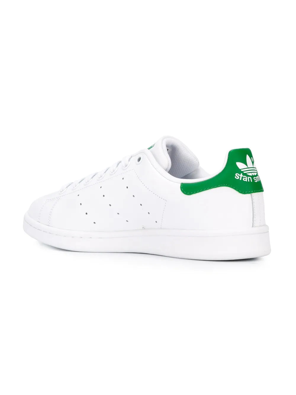 White leather sneaker with green heel strap and perforated toe
