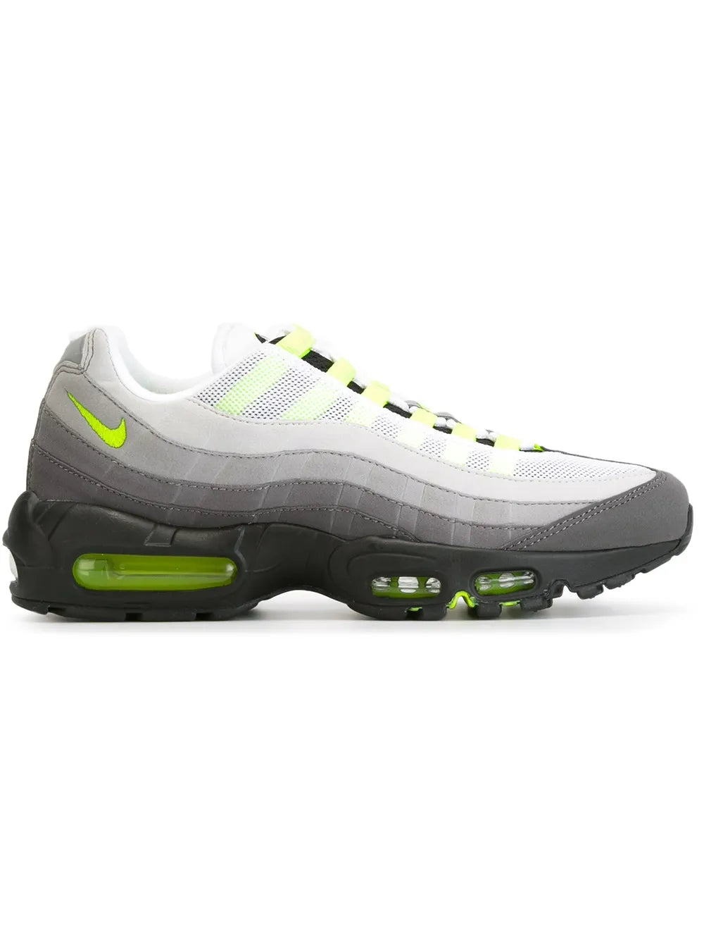 Nike Air Max 95 OG sneaker, white and gray with neon green laces and air sole