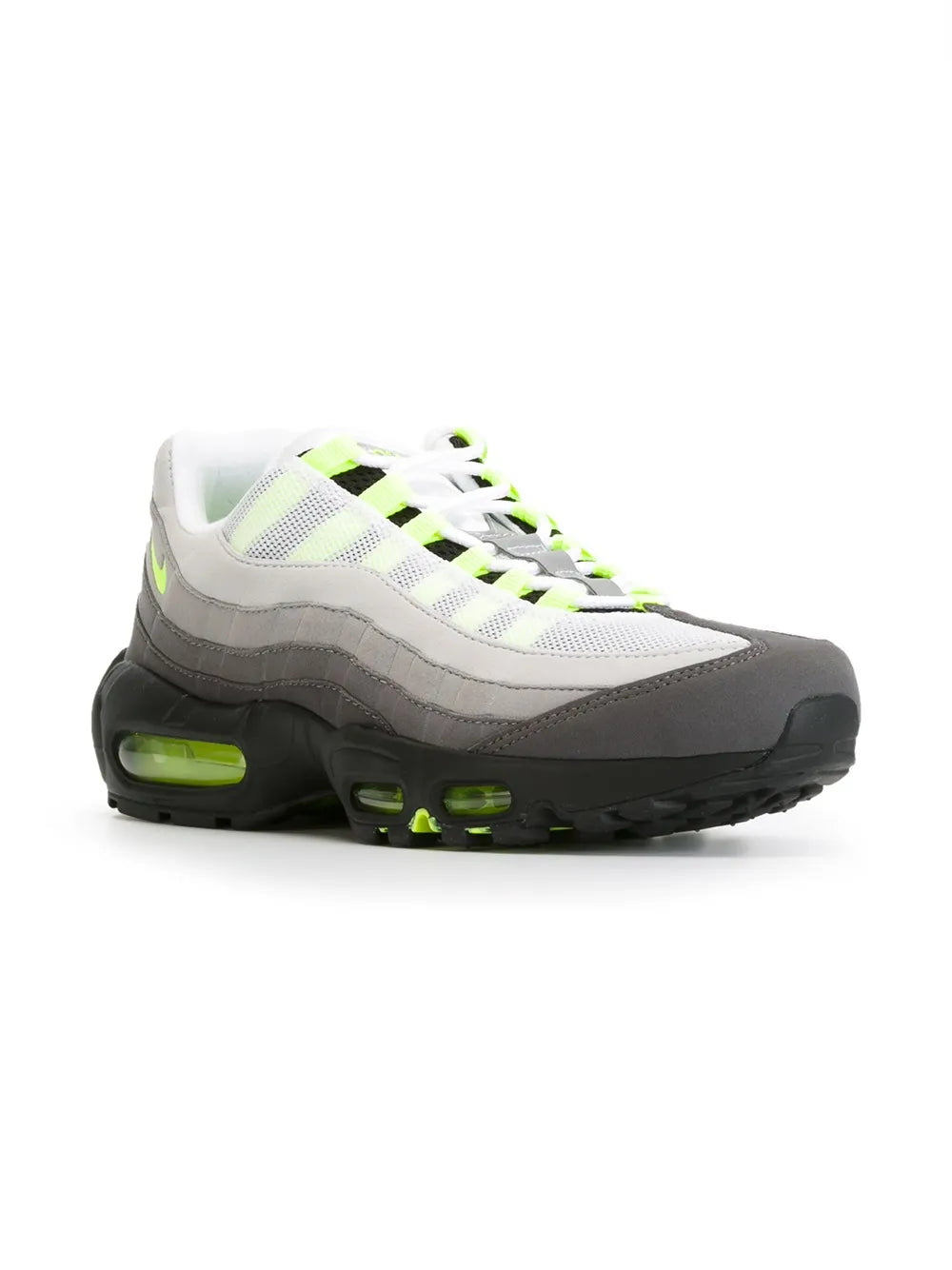 Nike Air Max 95 OG sneaker, side view with white upper and neon green accents