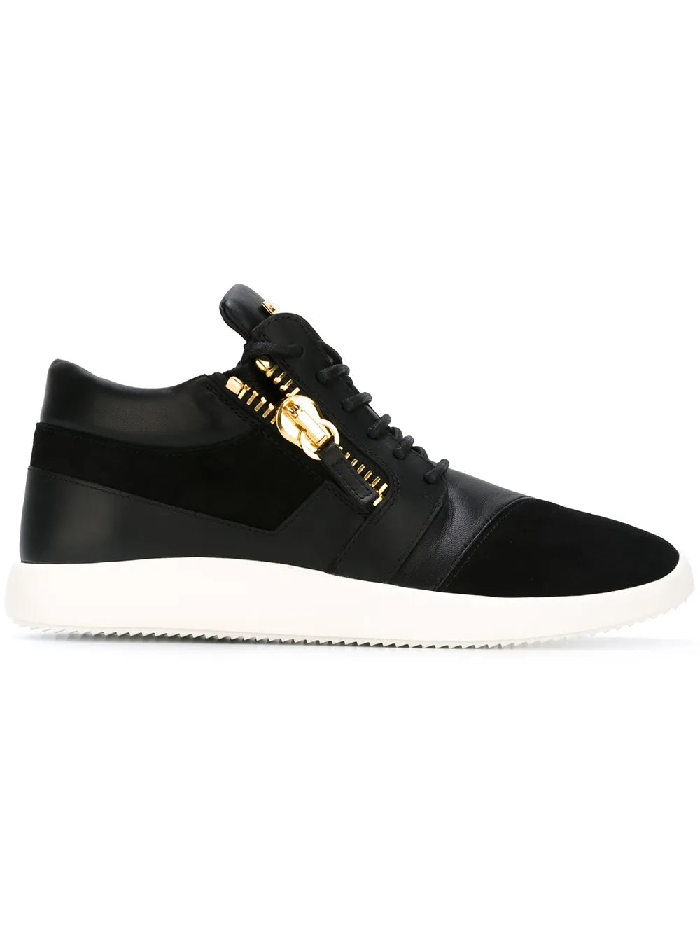 Black mid-top sneakers with gold zip detail and white rubber sole