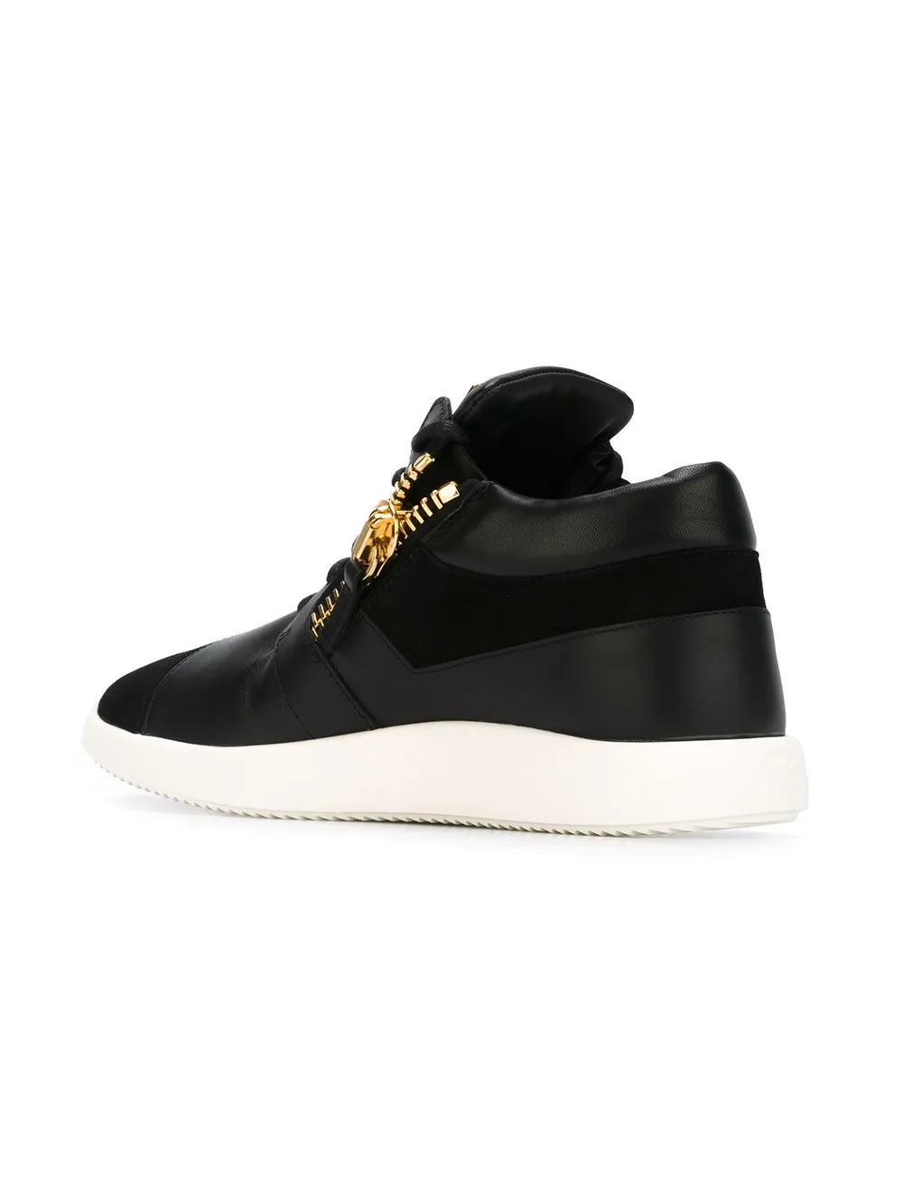 Black mid-top sneakers, heel view, gold zipper detail, white rubber sole