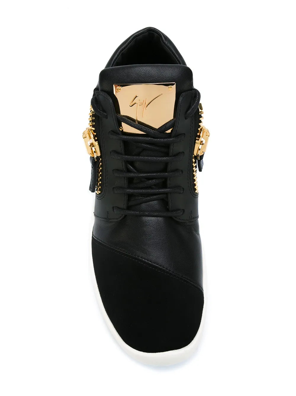 Black mid-top sneakers front view with gold zipper accents and lace-up