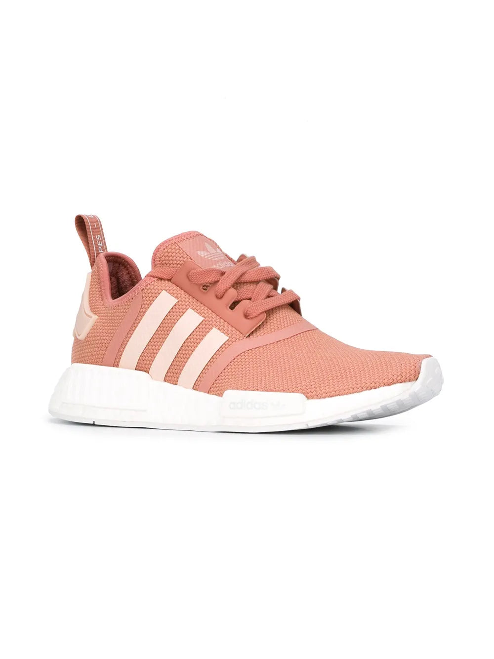 adidas Nmd_R1 Low-Top tan lace-up sneaker, side view, knit upper and white outsole
