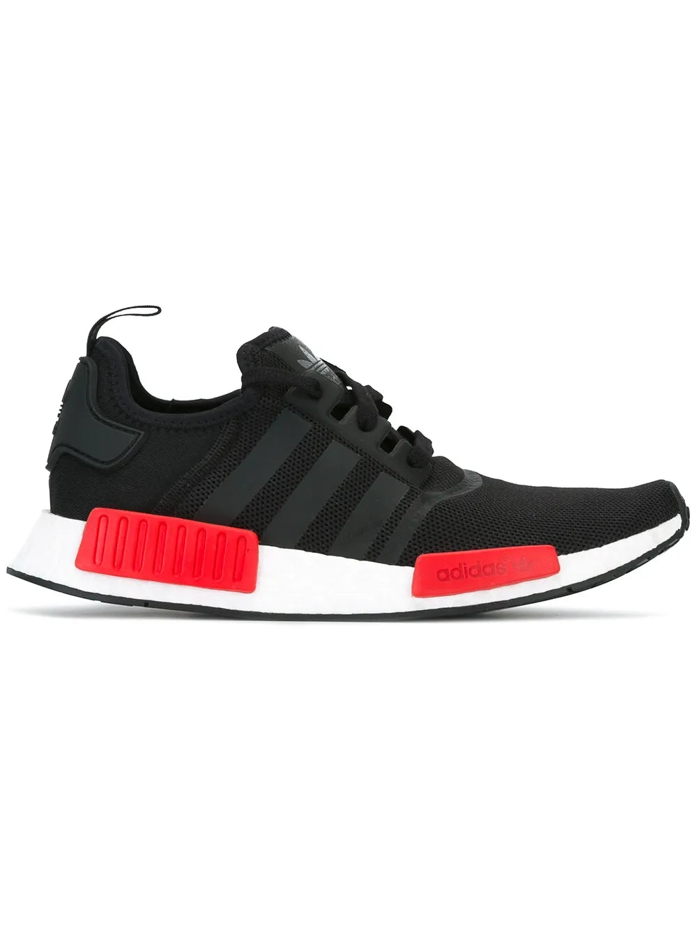 Black adidas Nmd_R1 running sneaker with red heel and white midsole