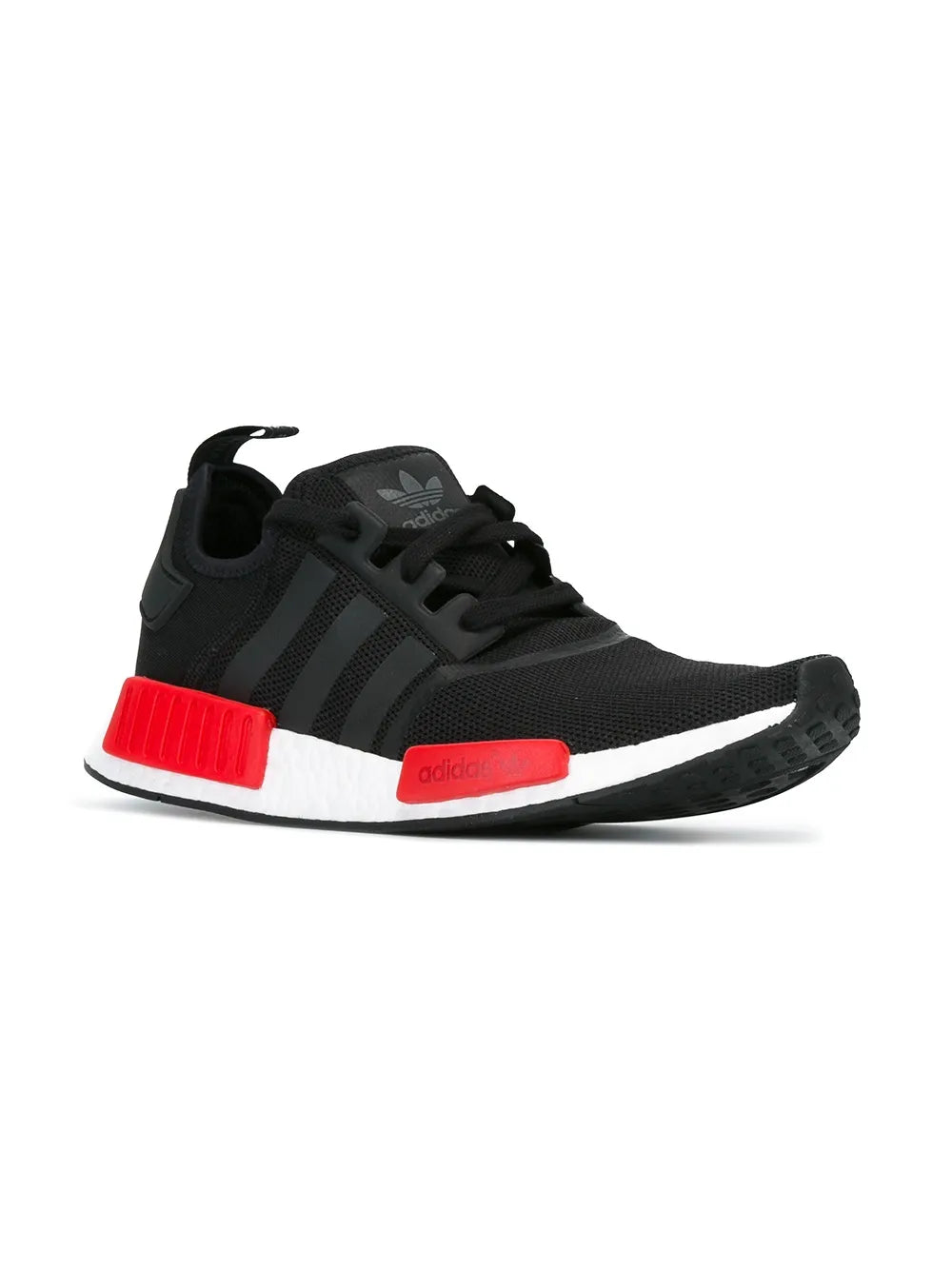 Black adidas Nmd_R1 sneaker, side view, red pull tab and heel branding