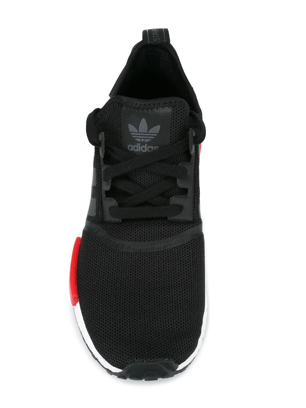 Black adidas Nmd_R1 sneaker with mesh upper, red/white outsole, lace-up design