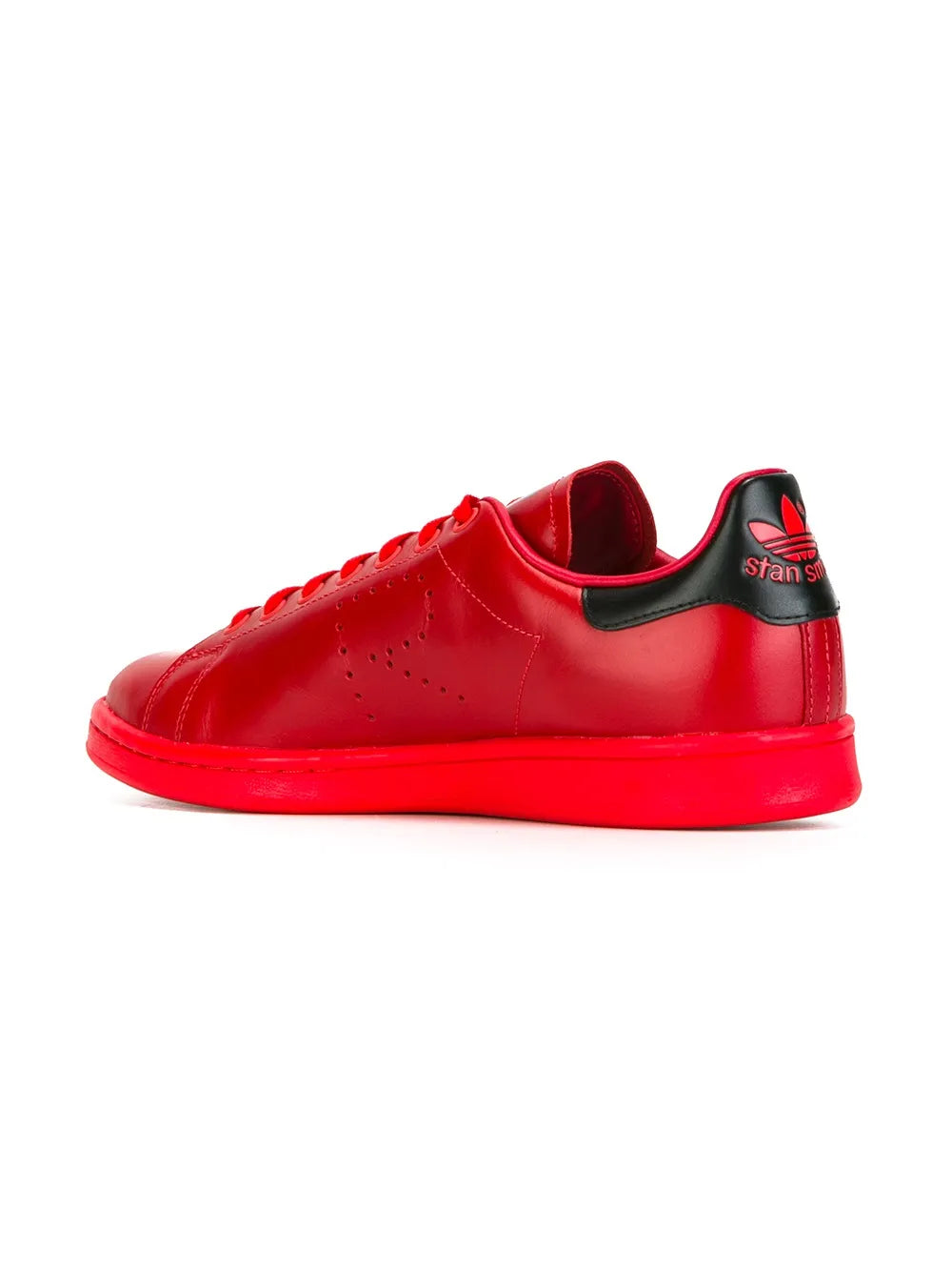 adidas x Raf Simons Stan Smith red leather low-top sneakers, rear view with black heel