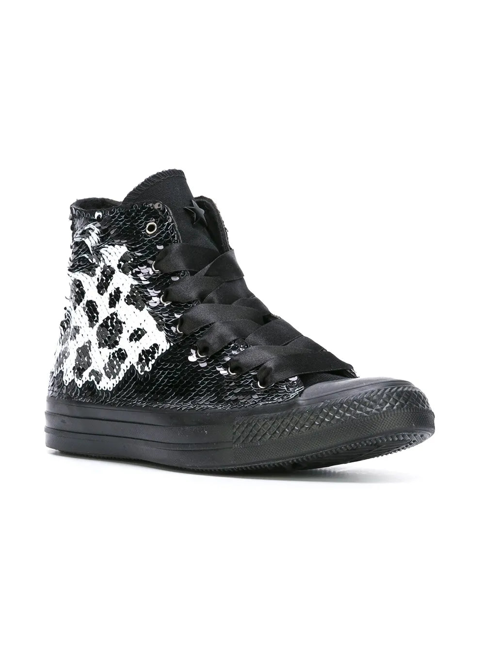 Converse black sequin hi-top sneaker, leopard-style sequin panel, lace-up