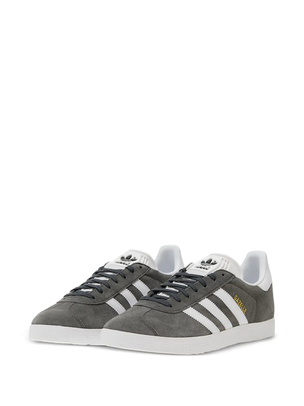 Dark gray low-top sneakers with white triple stripes, lace-up, white sole