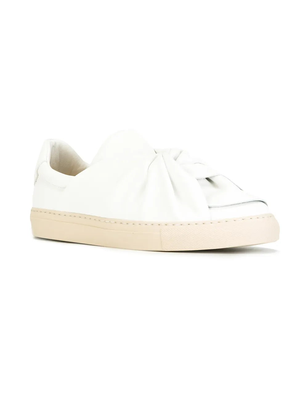 White knotted sneakers, side profile with beige sole and tied upper laces