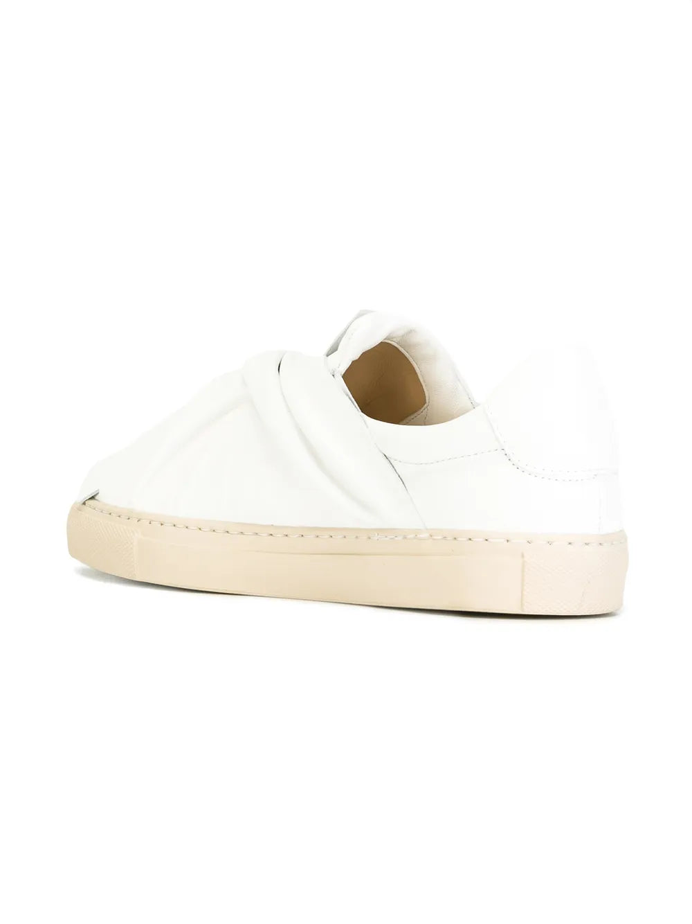 White knotted sneakers with beige sole and lace tie detail at the top