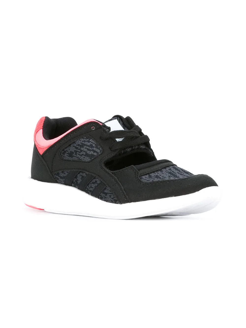 Black lace-up sneaker with pink heel trim, patterned side panels, white rubber sole