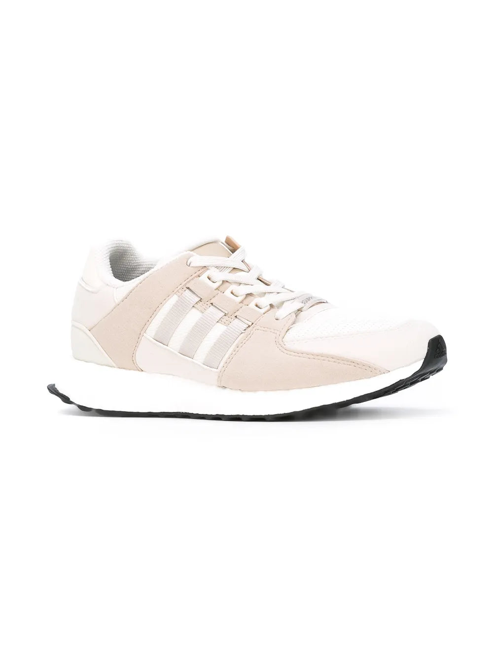 Tan adidas sneakers, three white stripes and lace-up front, black sole