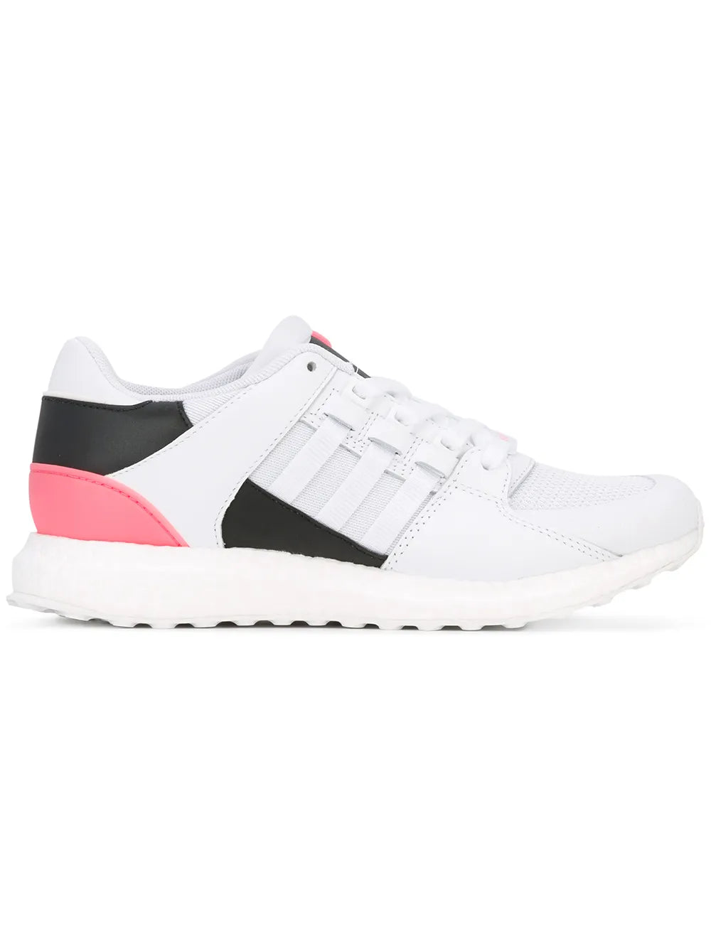 White lace-up athletic sneaker with black side panel and pink heel, cushioned tread sole