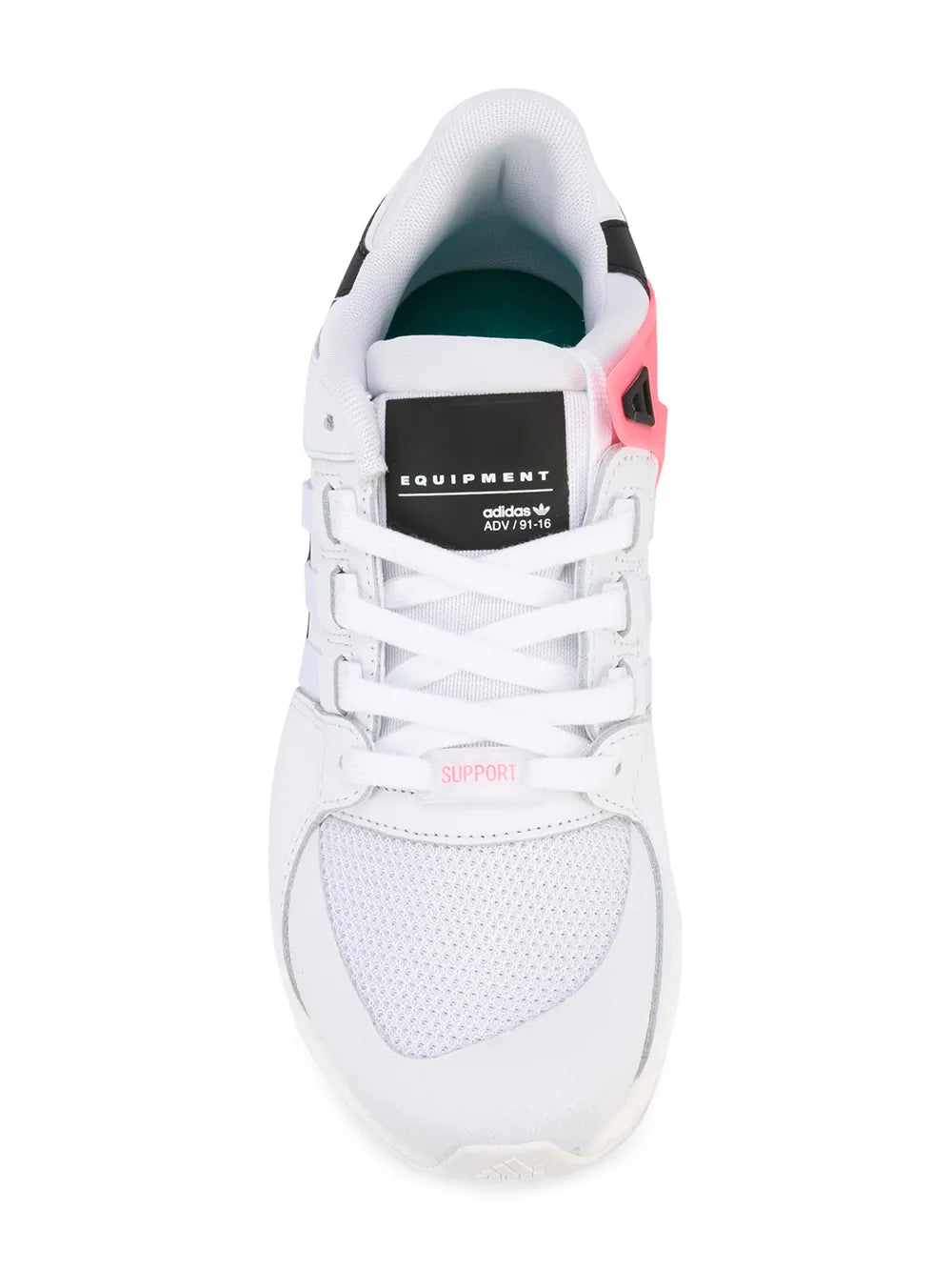 White lace-up sneaker front with black heel tab and pink trim, padded collar