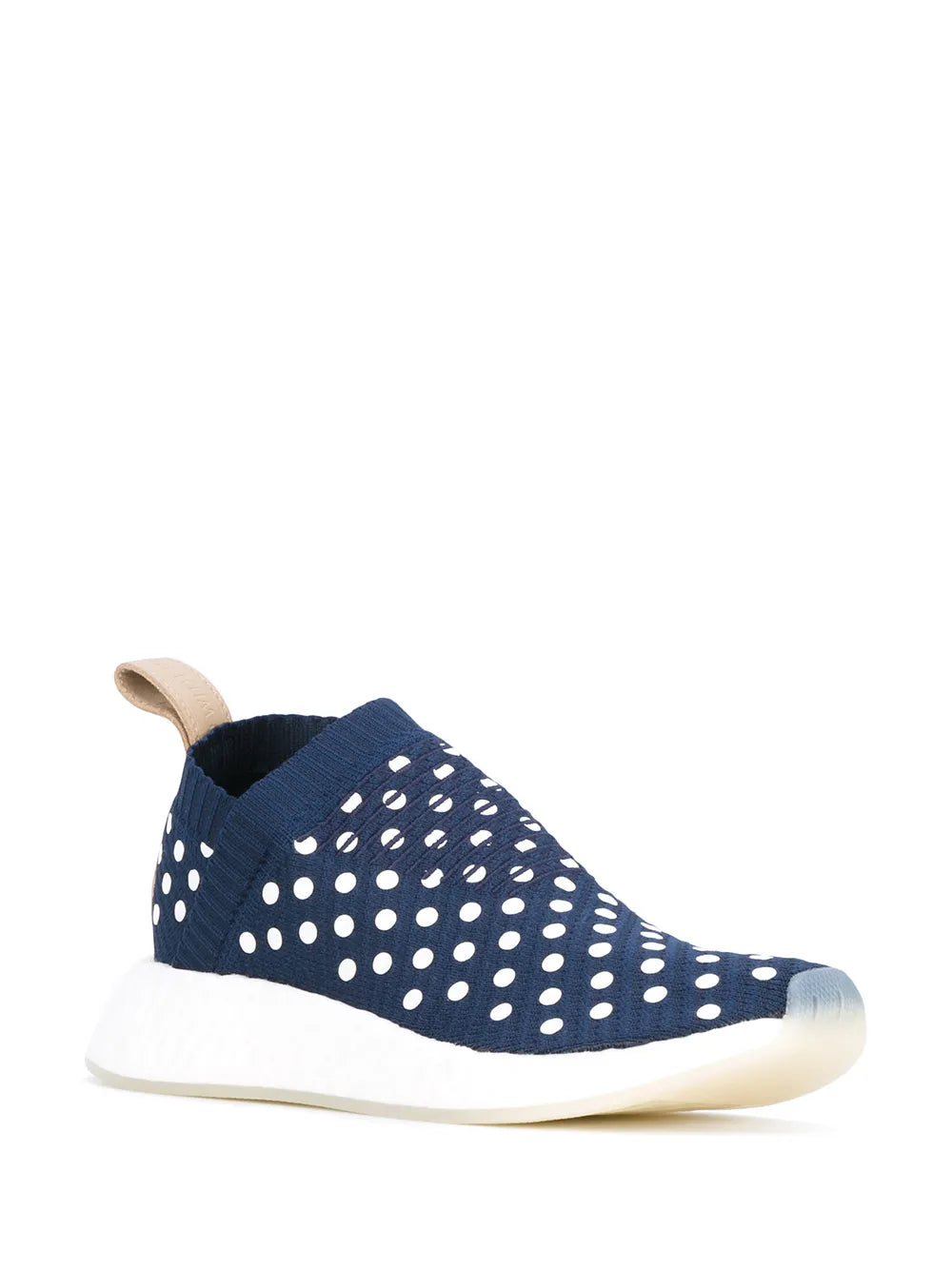 adidas Primeknit slip-on sneaker in navy with white polka-dot knit and white sole