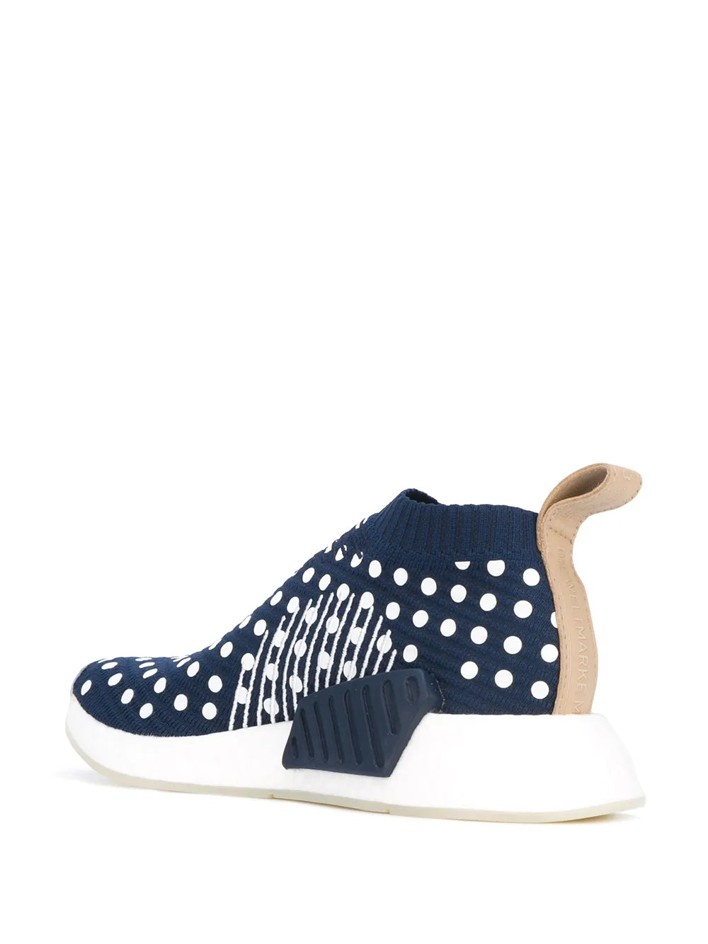 adidas Primeknit slip-on sneaker, navy knit with white dots, tan collar and heel
