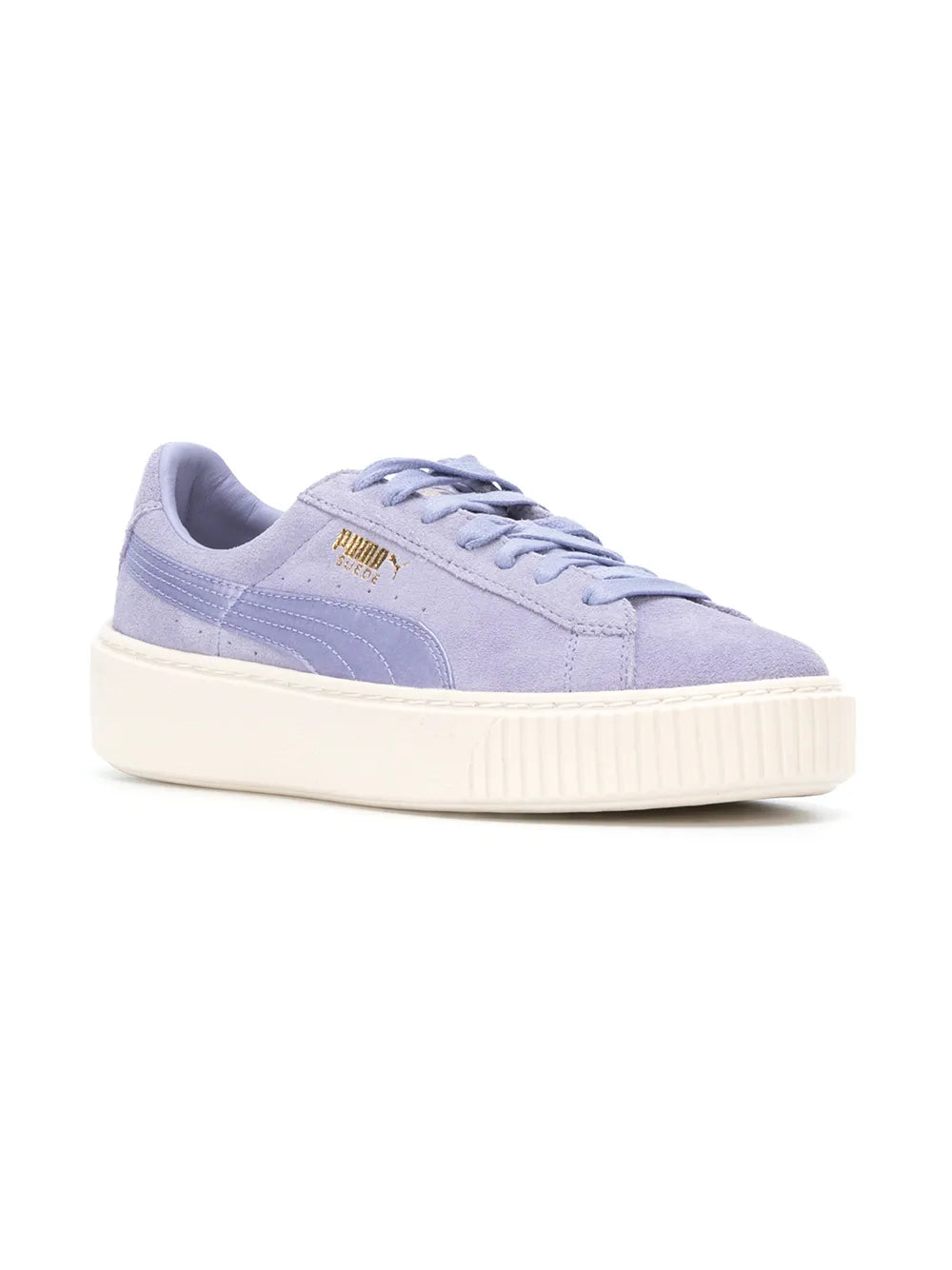 Purple PUMA platform sneakers, side view with lace-up and white cushioned sole