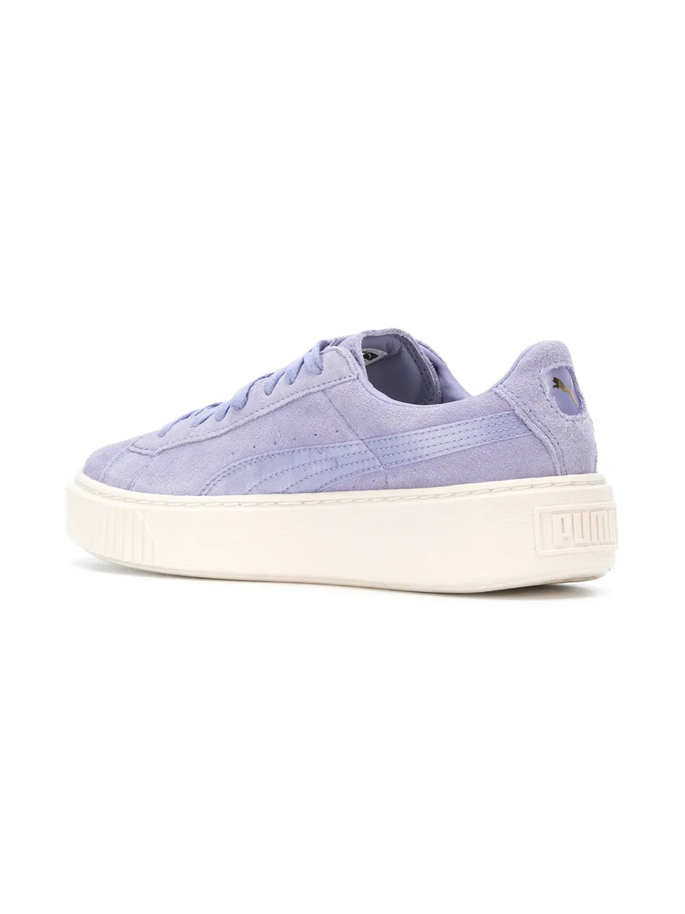 Purple PUMA platform sneakers, heel side view with white rubber platform sole