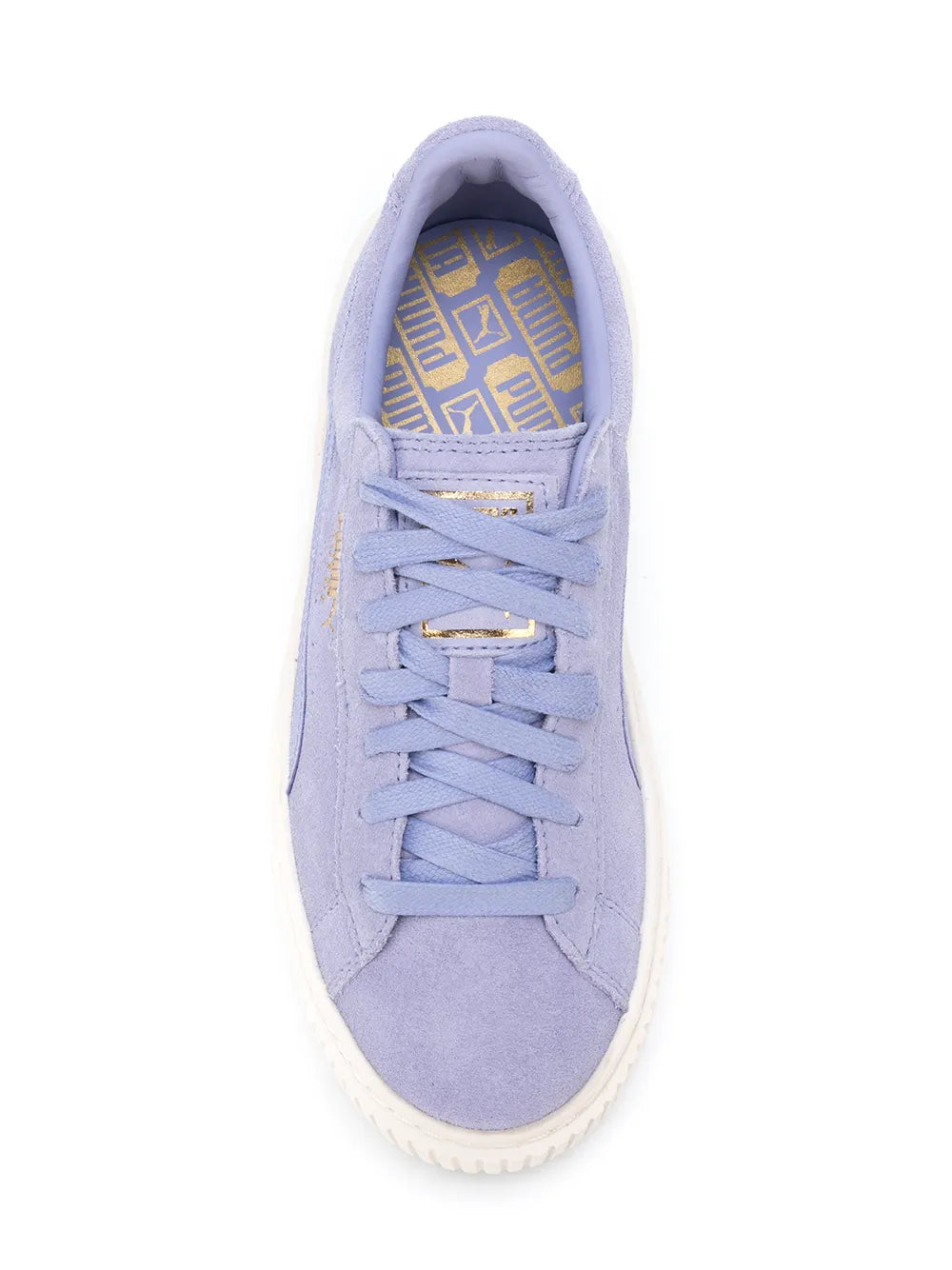 Purple PUMA platform sneaker with lace-up and blue patterned inner lining