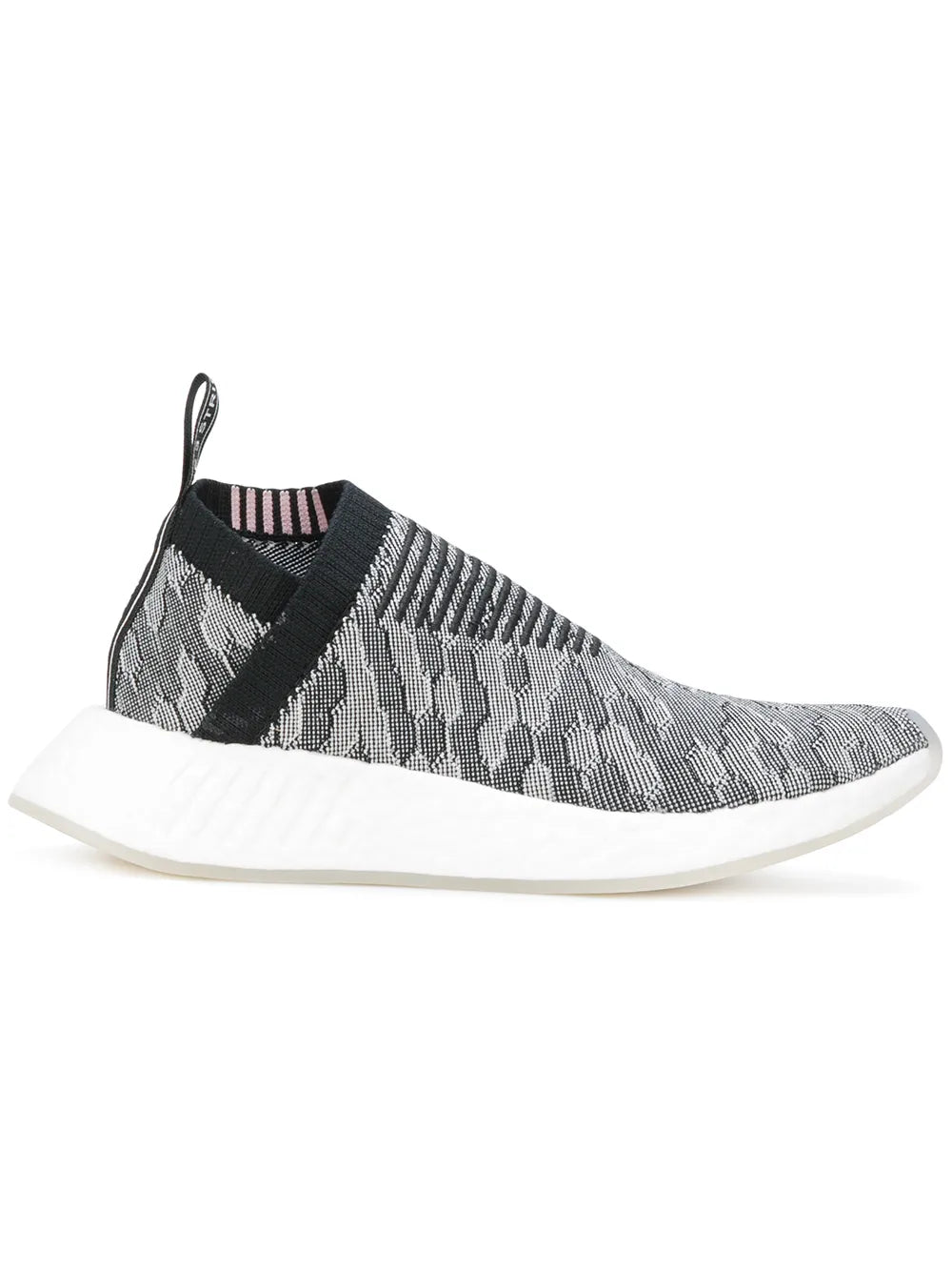 adidas Nmd_Cs2 PK knit slip-on sneaker, gray-and-black camo upper with white sole