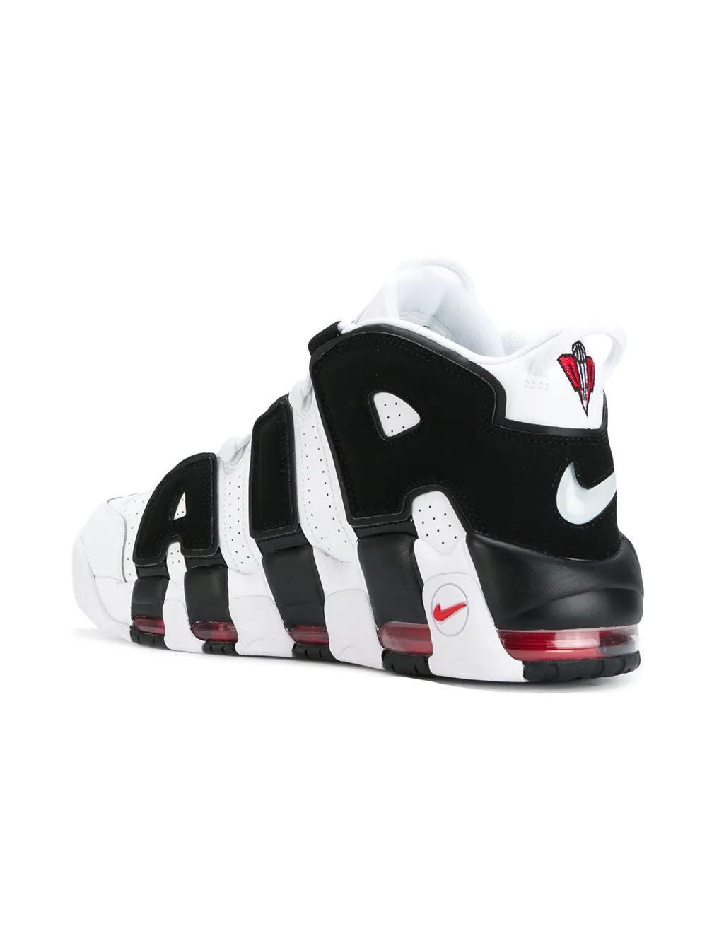 High-top sneakers with black overlays, white uppers, red heel stripe detail