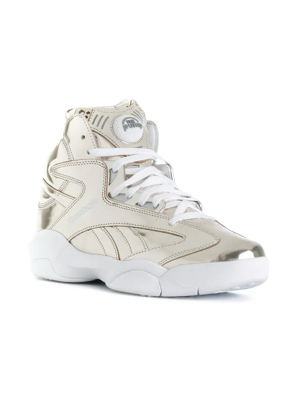 White high-top sneakers with metallic side panels, padded tongue, and white laces