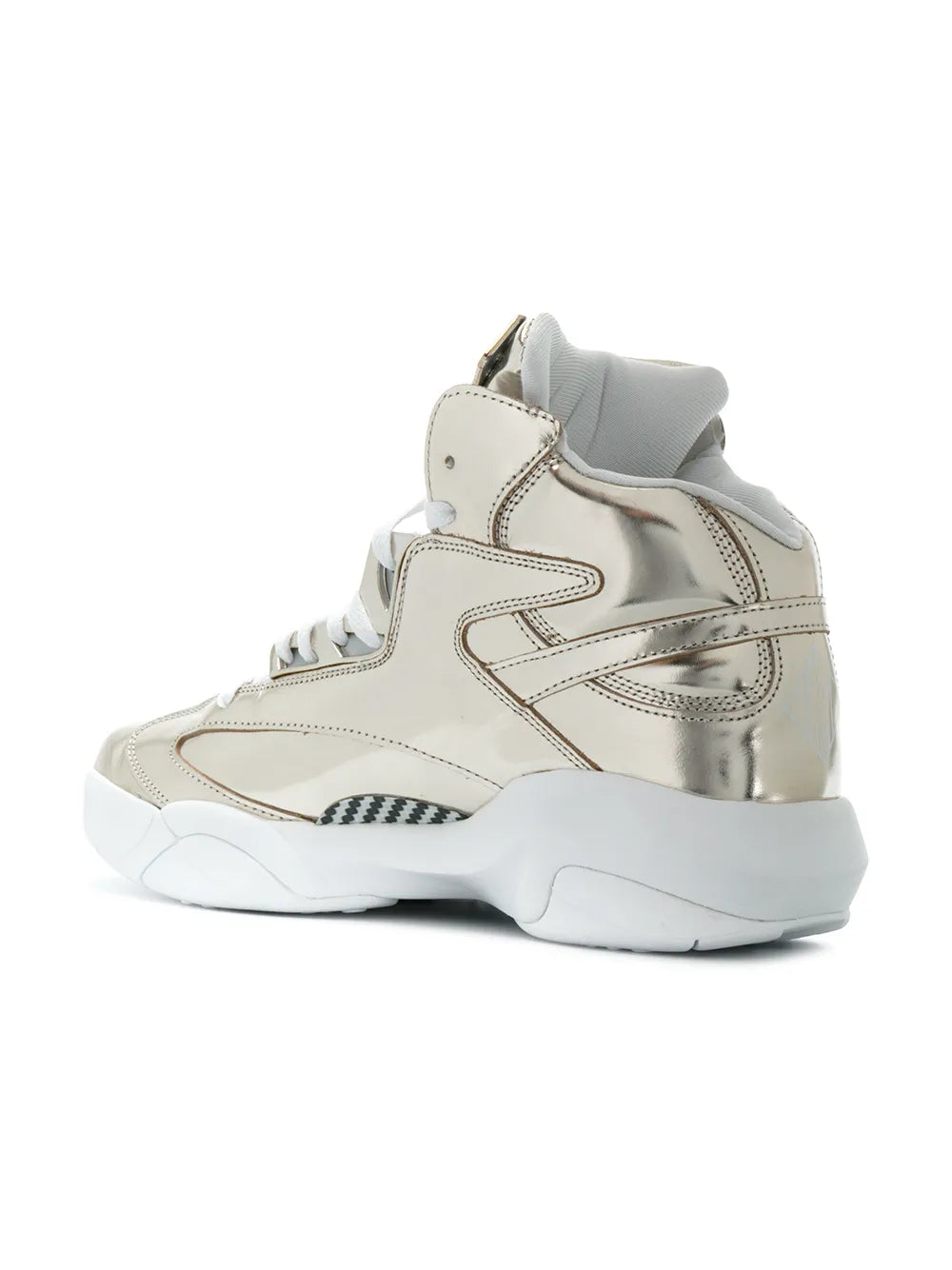 White and metallic gold high-top sneakers with textured side detail and white laces