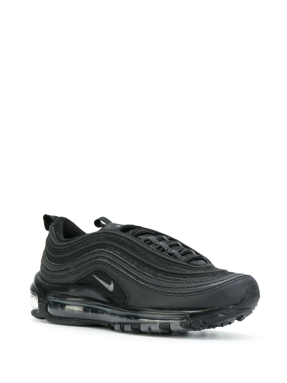 Black Nike Air Max sneaker side view with lace-up closure and Swoosh