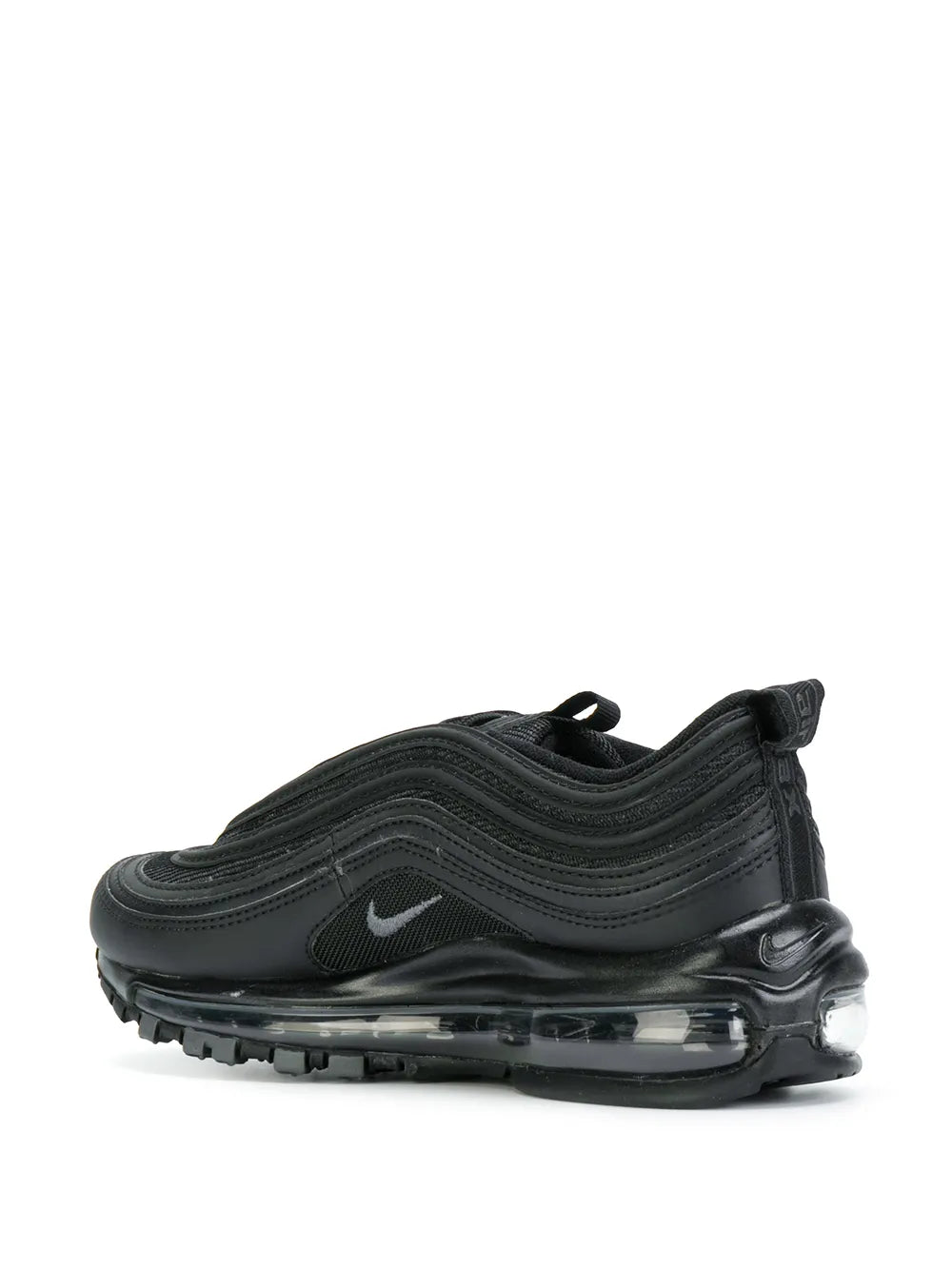 Black Nike Air Max sneaker with rounded toe and transparent air unit midsole