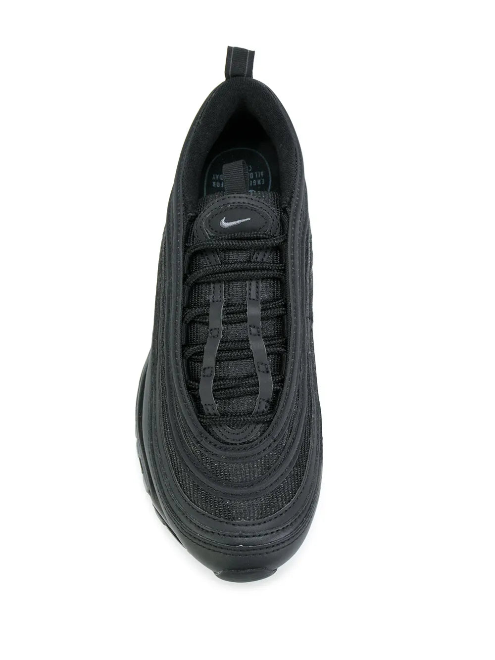 Black Nike Air Max sneaker interior and laces, fabric upper with Swoosh logo