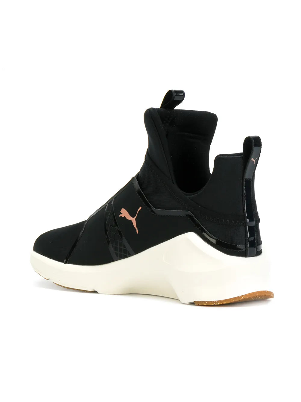 Black PUMA mid-top sneaker with white wedge sole and heel pull tab