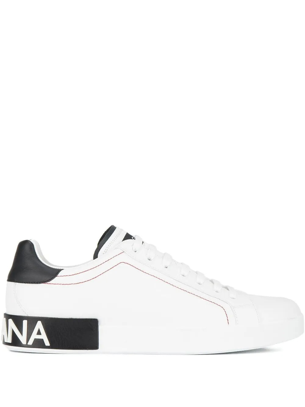 White lace-up sneakers with black heel panel and "GABBANA" branding on the side