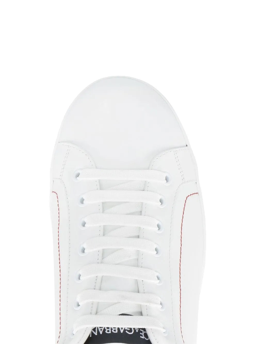 White lace-up sneaker with white laces and stitched toe and side panels