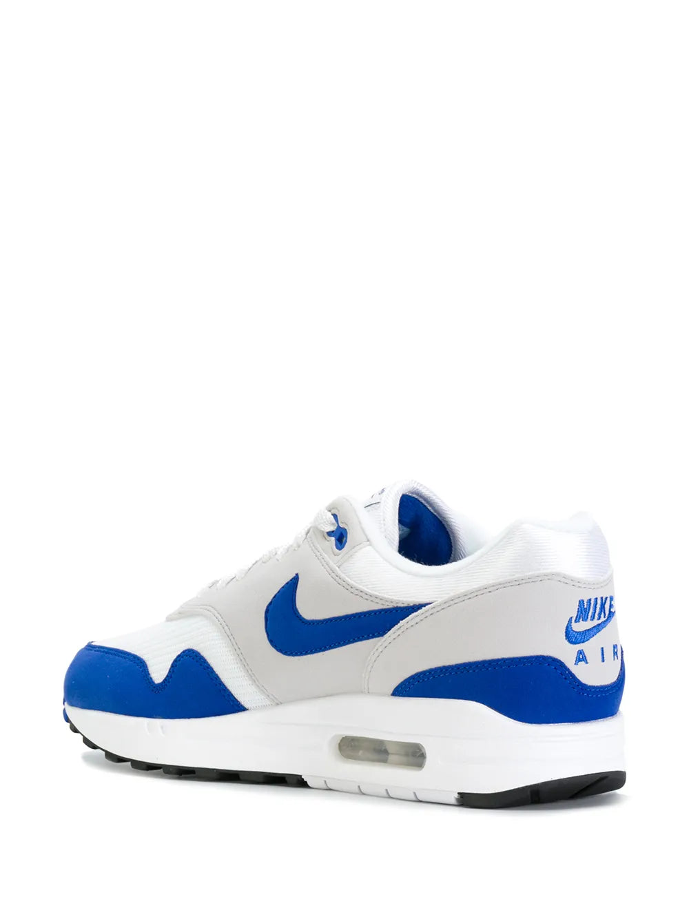 Nike Air Max 1 Anniversary sneakers, white and blue with heel Air window, rear side