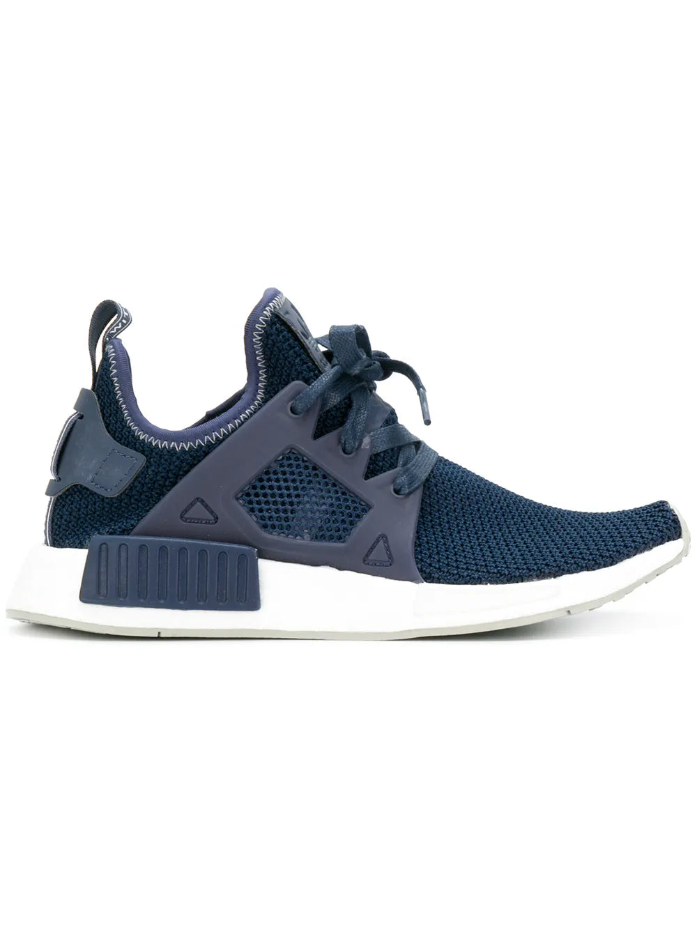 Navy knit running sneaker with lace-up front, molded heel cage, and white rubber sole