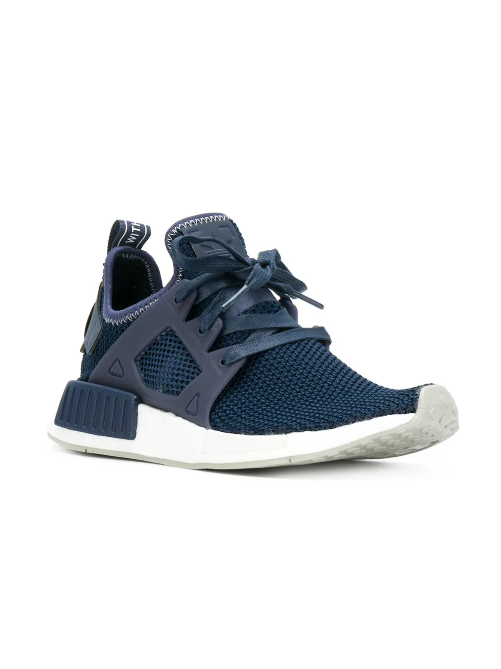 Navy low-top lace-up sneaker with textured knit upper and blue side support blocks