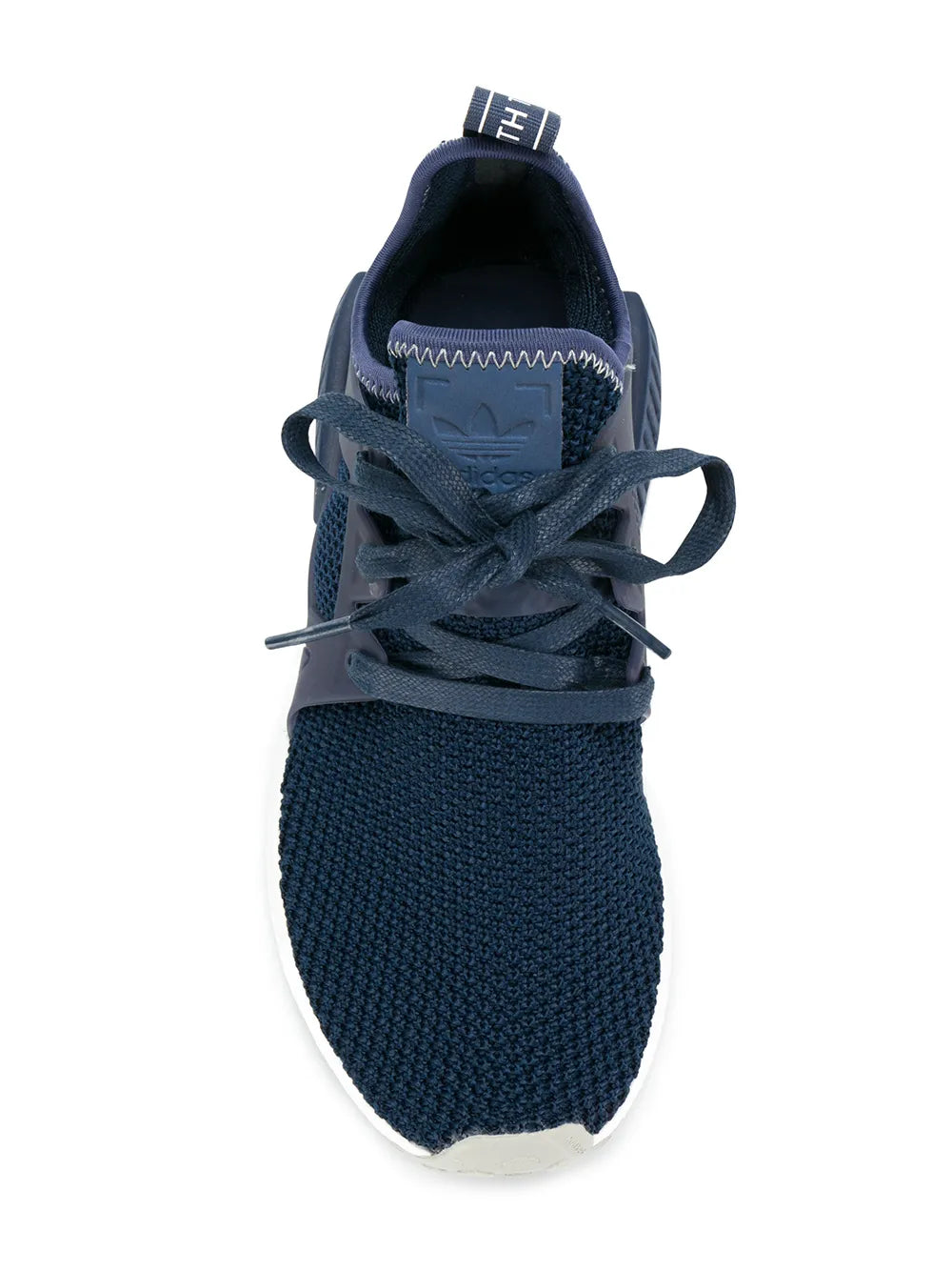 Navy lace-up knit sneaker with padded tongue and white rubber outsole