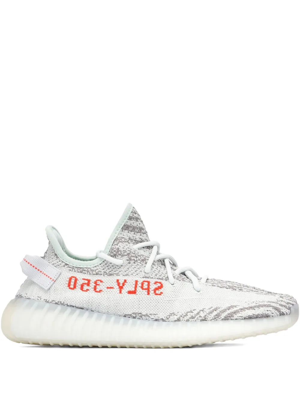 Grey knit sneaker with orange side stripe, laces, and cream boost sole