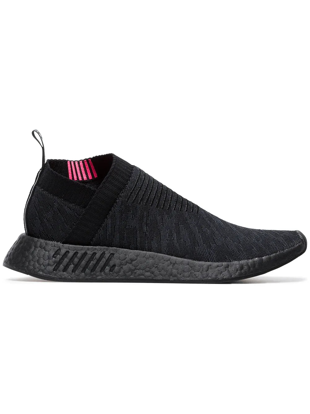 Black sock-style slip-on sneaker with textured midsole and striped collar detail