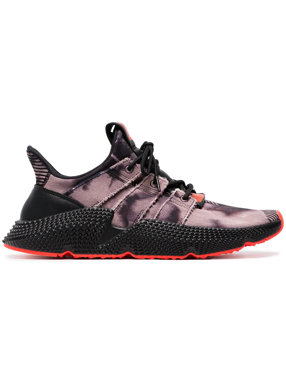Black and purple knit low-top sneaker with red outsole and orange accents