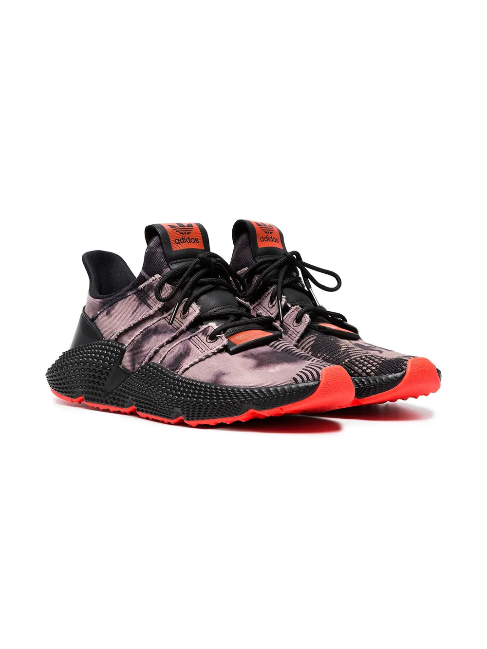 Black and purple lace-up sneaker with orange sole edge and textured tread