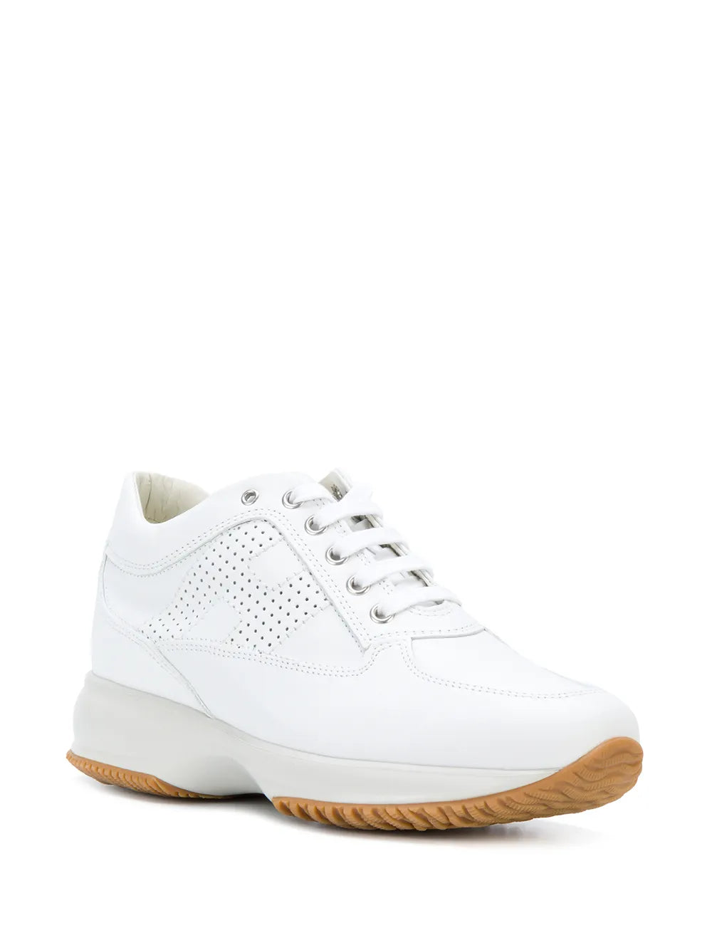 Hogan Interactive white lace-up sneaker, side view, perforated details and gum sole