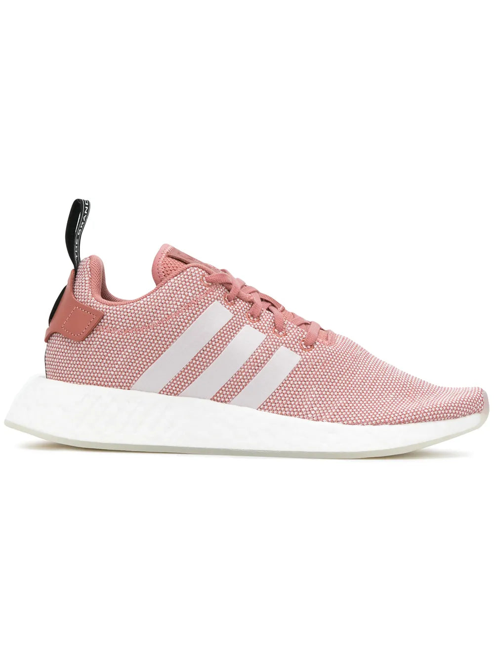 adidas NMD R2 low-top sneaker, pink knit upper, white 3-Stripes, white sole